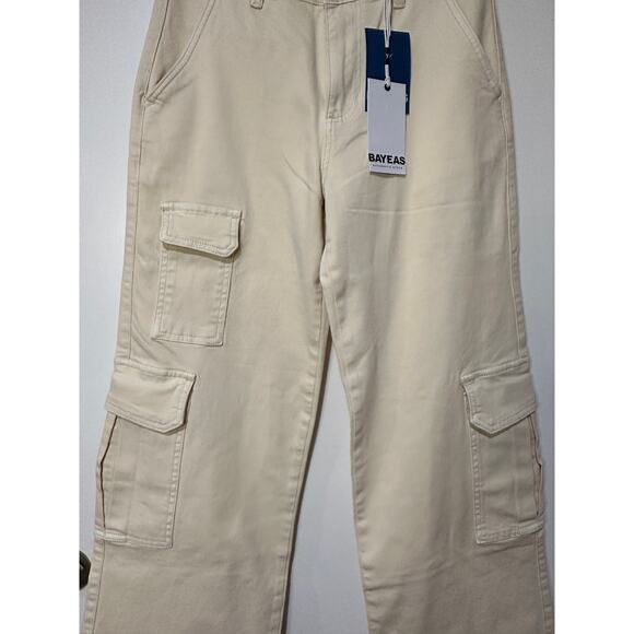 Bayeas High Rise Wide Leg Beige Cargo Jeans Size 26 NWT Stretchy Utility - Picture 4 of 14